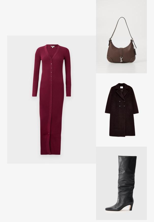 Dubbelzijdige bruine wollen jas met een brede kraag, textuurstof en twee zijzakken. Voorzien van zwarte knopen en een lange silhouet.; Bordeaux geribbelde lange cardigan met een V-hals, lange mouwen en een knoopsluiting aan de voorkant. Heeft een split aan de onderkant voor bewegingsvrijheid.; Zwarte leren enkellaars met hak, met een lichtjes slappende schacht en een puntige neus, op een lichte achtergrond.; Bruine leren handtas met een ronde vorm, zilveren hardware en decoratieve stiksels. Beschikt over een schouderband en een klittenbandsluiting.