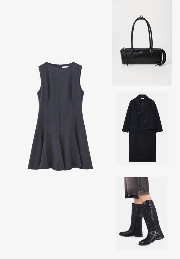 Abrigo negro de doble botonadura hecho de tejido texturizado, con solapa ancha, dos bolsillos frontales y botones oscuros. Silueta larga y recta.; Vestido sin mangas de color gris oscuro con un cuerpo ajustado y una falda acampanada en A, fabricado en un tejido texturizado; cuenta con una cremallera en la parte posterior.; Botas de cuero negro hasta la rodilla con dos correas con hebillas, un cierre lateral y un tacón bajo, combinadas con pantalones cortos de denim oscuros.; Bolso de mano de cuero negro con forma rectangular, textura suave, dos asas, cierre con cremallera y un pequeño logo en la parte frontal.