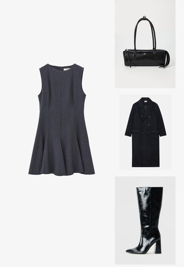 Abrigo negro de doble botonadura hecho de tejido texturizado, con solapa ancha, dos bolsillos frontales y botones oscuros. Silueta larga y recta.; Vestido sin mangas de color gris oscuro con un cuerpo ajustado y una falda acampanada en A, fabricado en un tejido texturizado; cuenta con una cremallera en la parte posterior.; Botas negras hasta la rodilla hechas de cuero brillante, con punta afilada y un tacón geométrico grueso con una textura suave.; Bolso de mano de cuero negro con forma rectangular, textura suave, dos asas, cierre con cremallera y un pequeño logo en la parte frontal.