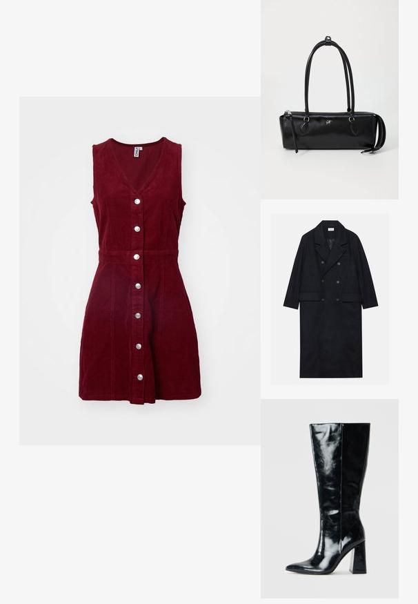 Doppelreihiger schwarzer Mantel aus strukturiertem Stoff, mit breitem Revers, zwei vorderen Taschen und dunklen Knöpfen. Langer, gerader Schnitt.; ONLY ONLMOXIE DRESS - Freizeitkleid - cabernet; Schwarze kniehohe Stiefel aus glänzendem Leder, mit spitzem Zehen und einem klobigen, geometrischen Absatz mit glatter Textur.; Schwarze Ledertasche mit rechteckiger Form, glatter Textur, zwei Griffen, Reißverschluss und einem kleinen Logo auf der Vorderseite.