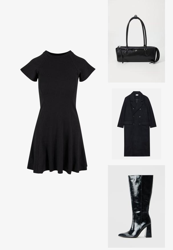 Kétgombos fekete kabát texturált anyagból, széles hajtókával, két elülső zsebbels és sötét gombokkal. Hosszú, egyenes sziluett.; Fekete, rövid ujjú ruha, testhez simuló felső résszel és bővülő szoknyával, sima, rugalmas anyagból készült. Egyszerű dizájn, minta vagy díszítés nélkül.; Fekete, magas csizma fényes bőrből, hegyes orral és sima textúrájú, vastag geometrikus sarokkal.; Fekete bőr kézitáska téglalap alakú, sima textúrával, két fogantyúval, cipzáros záródással és egy kis logóval az elején.