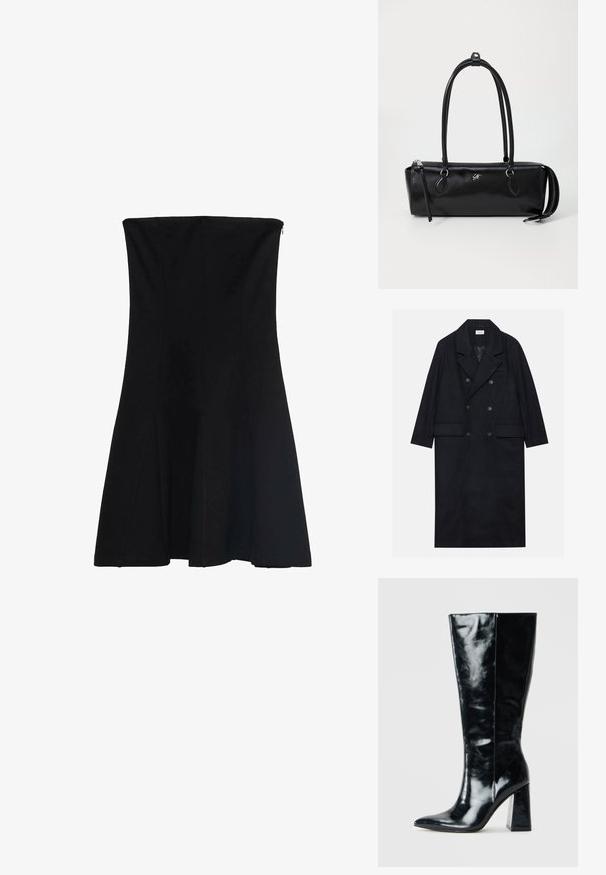Dvouřadový černý kabát vyrobený z texturované tkaniny, s širokým límcem, dvěma předními kapsami a tmavými knoflíky. Dlouhá, rovná silueta.; Černé bezramínkové šaty s přiléhavým korzetem, které se na spodním okraji rozšiřují. Hladká tkanina s výstužemi pro tvar a skrytý zip na zadní straně.; Černé kozačky po kolena vyrobené z lesklé kůže, s špičatou špičkou a mohutným geometrickým podpatkem s hladkým povrchem.; Černá kožená kabelka obdélníkového tvaru, hladké textury, se dvěma uchy, zipovým uzávěrem a malým logem na přední straně.