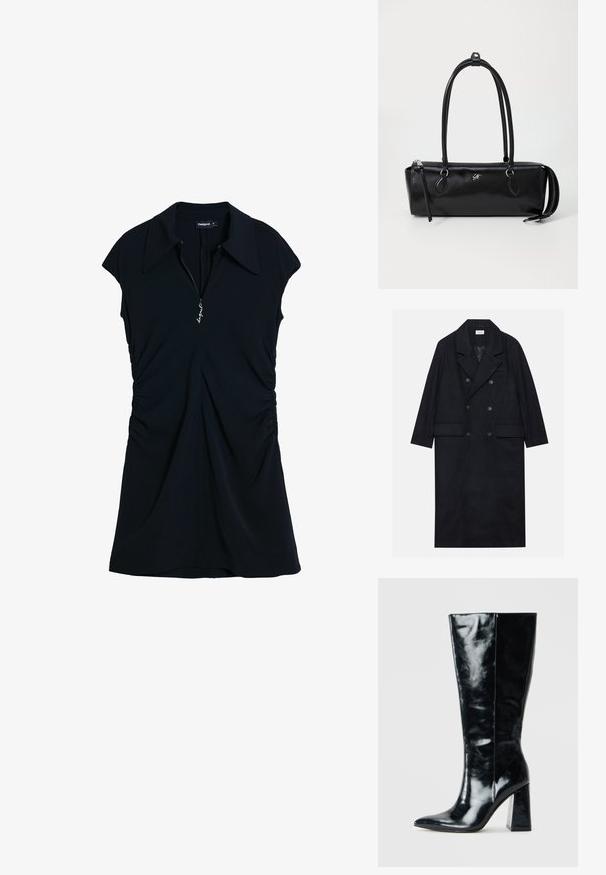 Dvouřadový černý kabát vyrobený z texturované tkaniny, s širokým límcem, dvěma předními kapsami a tmavými knoflíky. Dlouhá, rovná silueta.; Černé šaty s klasickým límcem, krátkými rukávy a zipem vpředu. Obsahují na bocích nařasené detaily pro dobře padnoucí siluetu.; Černé kozačky po kolena vyrobené z lesklé kůže, s špičatou špičkou a mohutným geometrickým podpatkem s hladkým povrchem.; Černá kožená kabelka obdélníkového tvaru, hladké textury, se dvěma uchy, zipovým uzávěrem a malým logem na přední straně.