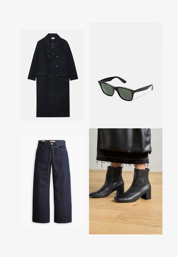 Dugi crni kaput s dvostrukim kopčanjem, izrađen od teksturirane tkanine, s širokim reverima, dva prednja džepa i tamnim dugmadi. Duga, ravna silueta.; Svijetlosmeđi pulover s dugim rukavima, okruglim izrezom i rebrastim rubom. Izrađen od mekog materijala, s glatkom teksturom.; Široke tamnoplave traperice s visokim strukom, s vezicom, pet džepova i kontrastnim detaljima šavova.; Gabor Comfort Klasične gležnjače - schwarz; Crne plastične sunčane naočale s zelenim staklima, kvadratni okviri, srebrni naglasak na obrvi i teksturirane ručke. Naziv brenda naveden na unutrašnjoj strani ručke.