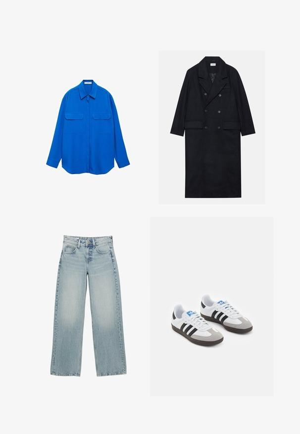 Dubbelgeknoopt zwart jasje gemaakt van gestructureerde stof, met een brede revers, twee opgestikte zakken aan de voorkant en donkere knopen. Lange, rechte uitstraling.; Donkergrijze trui met een ronde hals, ribgebreide boorden en zoom. Gebreide textuur met een ontspannen pasvorm en lange mouwen.; Blauwe lange mouwen overhemd met een kraag, twee voorzakken en een rechte snit. Gemaakt van gladde stof met een effen kleur en geen patronen.; Lichtblauwe denim wijde jeans met een hoge taille, voorzien van vijf zakken, een knoopsluiting en subtiele vervaging voor een versleten effect.; Sportschoenen met een witte leren bovenkant, grijze suède neus en drie zwarte strepen. Bevat een blauw logo op de tong en een gestructureerde rubberen zool.