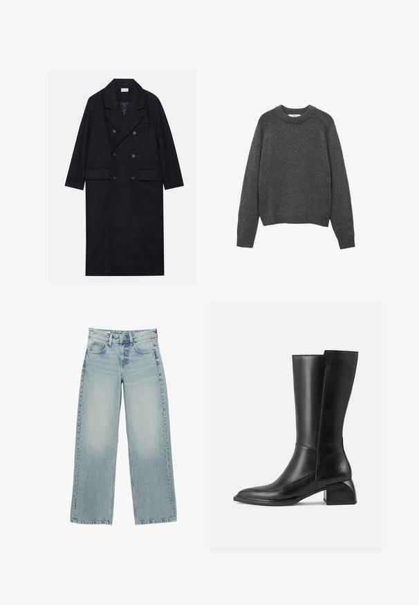 Dubbelgeknoopt zwart jasje gemaakt van gestructureerde stof, met een brede revers, twee opgestikte zakken aan de voorkant en donkere knopen. Lange, rechte uitstraling.; Donkergrijze trui met een ronde hals, ribgebreide boorden en zoom. Gebreide textuur met een ontspannen pasvorm en lange mouwen.; Effen wit T-shirt van katoen met een ronde hals, korte mouwen en een relaxte pasvorm. Glad textuur zonder patronen of accenten.; Lichtblauwe denim wijde jeans met een hoge taille, voorzien van vijf zakken, een knoopsluiting en subtiele vervaging voor een versleten effect.; Zwarte leren knie-hoge laars met een vierkante neus, een bescheiden blokhak en minimale naaddetails, met een gladde, glanzende afwerking.