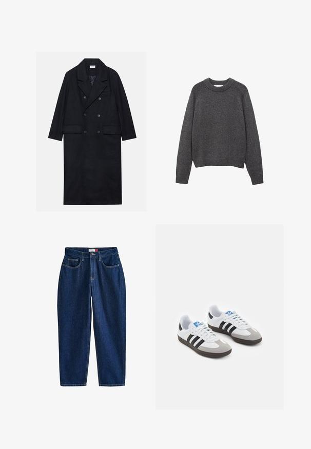 Črni dvoredni plašč iz teksturiranega materiala, ki vključuje široke reverje, žep na sprednji strani ter temne gumbke. Dolga, ravna silhueta.; Temno siva sveter z okroglim izrezom, rebrastimi manšetami in robom. Pletena tekstura z udobnim krojem in dolgimi rokavi.; Navadna bela majica iz bombaža s krožnim izrezom, kratkimi rokavi in sproščenim krojem. Gladka tekstura brez vzorcev ali okrasov.; Temno modri kavbojki z naravnim krojem, petimi žepi in vidnimi šivi. Zapiranje na gumb na pasu.; Športni čevlji z belim usnjenim zgornjim delom, sivim semišem na prstih in tremi črnimi črtami. Imajo modro logo na jeziku in teksturiran gumijast podplat.