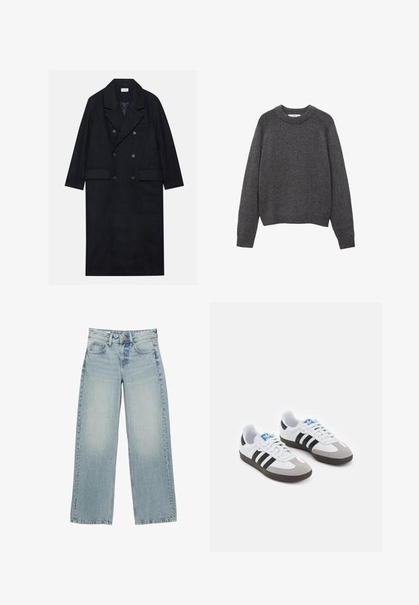 Dobbeltbrystet sort frakke lavet af struktureret stof, med bred krave, to forlommer og mørke knapper. Lang, lige silhuet.; Mørkegrå sweater med rund hals, ribbede manchetter og kant. Strikket tekstur med en afslappet pasform og lange ærmer.; En enkel hvid t-shirt lavet af bomuld med rund halsudskæring, korte ærmer og en afslappet pasform. Glat tekstur uden mønstre eller accentuer.; Lysblå denim bredbukser med høj talje, der har fem lommer, knaplukning og subtile falmninger for en slidt effekt.; Sportsko med en overdel i hvid læder, grå ruskind på tåen og tre sorte striber. Har et blåt logo på tungen og en struktureret gummisål.