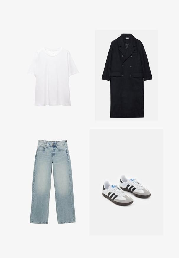 Dubbelknäppt svart kappan är tillverkad av texturerat tyg, har en bred slagkrage, två framfickor och mörka knappar. Lång, rak silhuett.; Mörkgrå tröja med rundad halsringning, ribbade mudd och nederkant. Stickad textur med en avslappnad passform och långa ärmar.; En enkel vit t-shirt i bomull med rund halsringning, korta ärmar och en avslappnad passform. Slät textur utan mönster eller detaljer.; Ljust blå denim byxor med vida ben och hög midja, med fem fickor, knappstängning och subtil blekning för en använd effekt.; Sportskor med överdel i vit läder, grå mocka på tårna och tre svarta ränder. Har en blå logotyp på tungan och en texturerad gummisula.