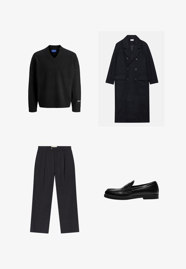 Dubbelknäppt svart kappan är tillverkad av texturerat tyg, har en bred slagkrage, två framfickor och mörka knappar. Lång, rak silhuett.; Svart V-ringad långärmad tröja med ribbade mudd och hem, liten vit brodering på högra ärmmudden, och blå etikett invändigt.; skräddarsydda mörkblå byxor med hög midja, två framfickor, knappstängning och raka ben i ett slätt tyg.; Svart läderloafer med en slät yta, med en sömdetalj på ovansidan och en låg, solid svart gummisula.