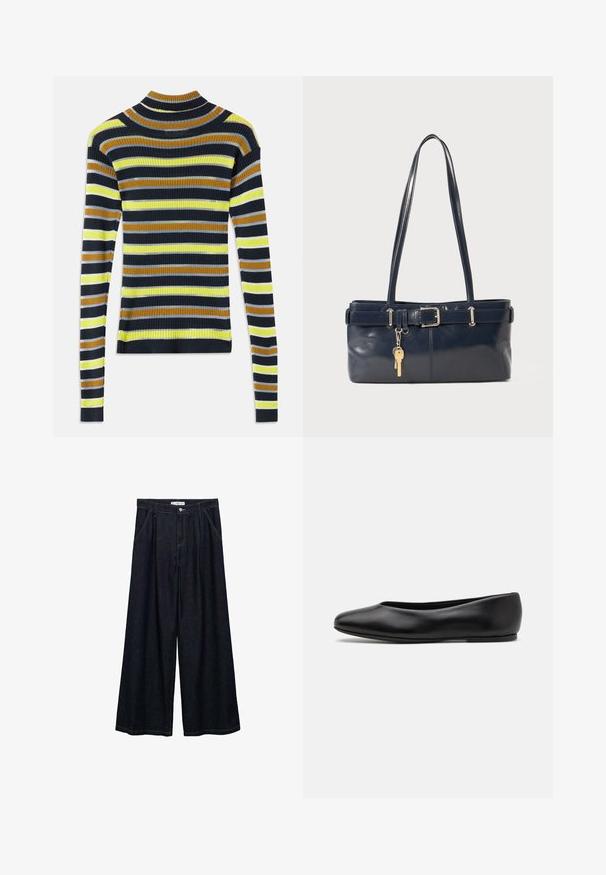 Doppelreihiger schwarzer Mantel aus strukturiertem Stoff, mit breitem Revers, zwei vorderen Taschen und dunklen Knöpfen. Langer, gerader Schnitt.; Langärmeliger Rippstrickpullover mit horizontalen Streifen in Schwarz, Braun, Gelb, Hellgrau und Weiß auf einem weißen Hintergrund.; Dunkelblaue, weite High-Waist-Hosen aus Denim mit einem Knopfverschluss vorne, zwei Seitentaschen und Nähdetails.; Paul Smith TOPANGA - Klassischer Ballerina - black; Marineblaue Lederhandtasche mit zwei langen Griffen, einer Schnallen-Detailierung und einem daran befestigten Schlüsselanhänger. Besitzt eine glatte Textur und eine rechteckige Form.