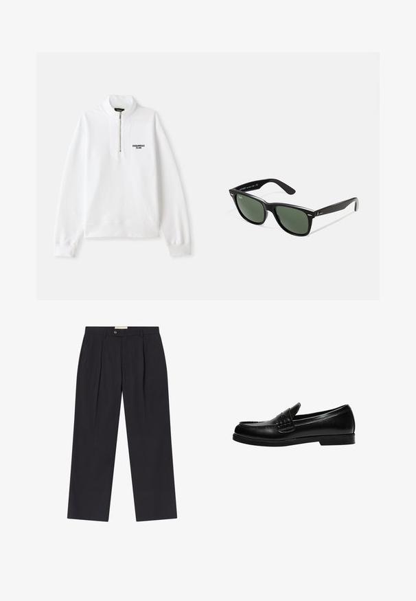 Double-breasted black coat made from textured fabric, featuring a wide lapel, two front pockets, and dark buttons. Long, straight silhouette.; White zip-up sweatshirt with a high collar, featuring a front logo in black. Soft fabric, relaxed fit, ribbed cuffs and hem.; Tailored dark navy trousers with a high waist, two front pleats, button closure, and straight legs in smooth fabric.; Black leather loafer with a smooth finish, featuring a stitch detail on the vamp and a low, solid black rubber sole.; Black plastic sunglasses with green lenses, square frames, silver accent on the brow, and textured temple arms. Stated brand on inner arm.