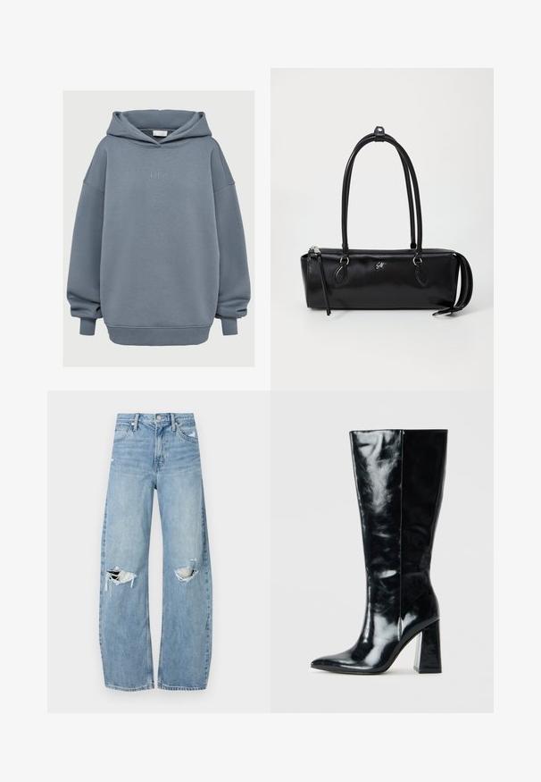 Dviejų eilių juodas paltas, pagamintas iš tekstūruoto audinio, su plačiais atvartais, dviem priekinėmis kišenėmis ir tamsiais mygtukais. Ilgas, tiesus siluetas.; Laisvai priglundanti dūminiai mėlyni džemperiai su juostelėmis ant rankovių ir apatinės dalies, priekinė kengūros kišenė, ir mažas siuvinėtas tekstas "LeGer" ant krūtinės.; Šviesiai mėlynos, aukštu juosmeniu džinsai pagaminti iš džinsinio audinio. Turi plačias kojų kelnes, dvi suplėšytas kelio vietas ir klasikinį penkių kišenių dizainą.; Juodos aukštos iki kelių batai iš blizgaus odos, su spiginiu nosimi ir storu geometriniu kulnu su lygiu tekstūru.; Juodas odinis rankinės krepšys stačiakampio formos, lygus paviršius, su dviem rankenomis, užtrauktuko uždarymas ir mažas logotipas ant priekio.