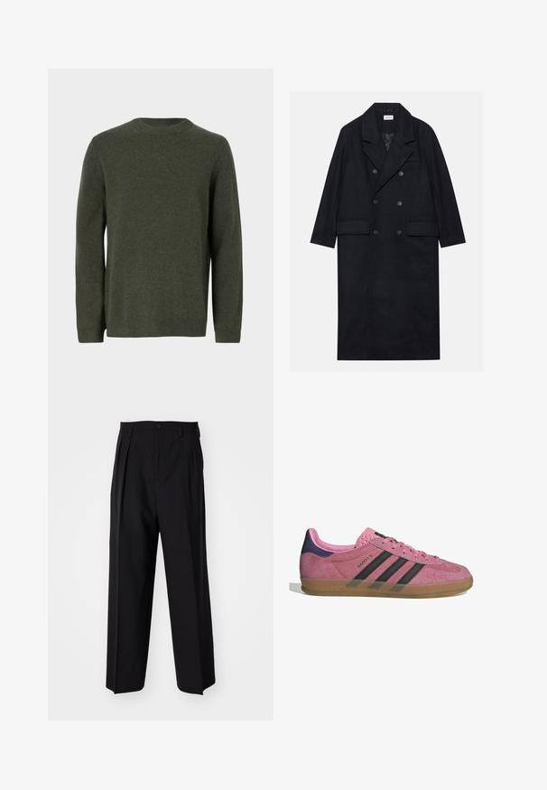 Dugi crni kaput s dvostrukim kopčanjem, izrađen od teksturirane tkanine, s širokim reverima, dva prednja džepa i tamnim dugmadi. Duga, ravna silueta.; Tamnozeleni pleteni pulover s okruglim izrezom, dugim rukavima i rebrastim manžetama i rubom. Glatka tekstura s jedinstvenim uzorkom kroz cijelu površinu.; Dugi rukav bijela majica napravljena od mekog pamuka. Okrenuti dekolte s ravnim rubovima i bez vidljivih uzoraka ili grafike.; Crne plisirane hlače s ravnim širokim nogavicama. Izrađene od glatkog materijala, s dugmadi za zatvaranje i petljama za remen.; Roze nubuk tenisice s crnim prugama, gumeni potplat i teksturirani ljubičasti petni dio. Imaju vezivanje i utisnuti brend na strani.
