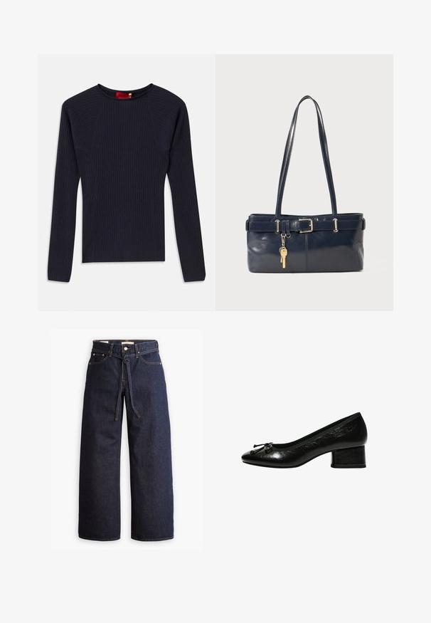 Doppelreihiger schwarzer Mantel aus strukturiertem Stoff, mit breitem Revers, zwei vorderen Taschen und dunklen Knöpfen. Langer, gerader Schnitt.; Marineblaue, langärmelige gerippte Pullover mit Rundhalsausschnitt und taillierter Silhouette.; Weite, dunkelblaue Jeans aus Denim mit hoher Taille, ausgestattet mit einem Kordelzug, fünf Taschen und kontrastierenden Nähdetails.; Schwarze Lacklederpumpe mit runder Zehenform, kleinem Blockabsatz und Schleifenakzent an der Vorderseite. Glatte Textur mit glänzendem Finish.; Marineblaue Lederhandtasche mit zwei langen Griffen, einer Schnallen-Detailierung und einem daran befestigten Schlüsselanhänger. Besitzt eine glatte Textur und eine rechteckige Form.