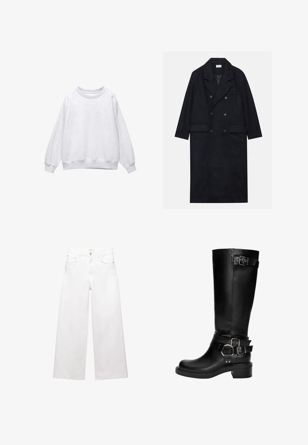 Dvojradový čierny kabát vyrobený z textúrovanej látky, s širokým klopom, dvoma prednými vreckami a tmavými gombíkmi. Dlhý, rovný silueta.; Svetlo šedý crewneck mikina s dlhými rukávmi a rebrovanými manžetami a spodným lemom, vystavená na bielom pozadí.; Biele široké džínsy vyrobené z bavlny, s vysokým pásom, piatimi vreckami a mosadznými doplnkami. Hladká, nedotknutá textúra.; Čierne kožené vysoké čižmy sú s okrúhlym prstom, s blokovým podpätkom a viacerými dekoratívnymi remienkami s striebornými prackami a akcentmi.