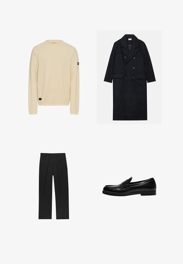 Dubbelgeknoopt zwart jasje gemaakt van gestructureerde stof, met een brede revers, twee opgestikte zakken aan de voorkant en donkere knopen. Lange, rechte uitstraling.; Lichtbeige gebreide trui met lange mouwen, ronde hals, gestructureerde stof en een klein zwart logo-opdruk op de linkermouw.; Zwarte broeken met een recht model, gemaakt van een gladde stof. Voorzien van een voorplooien en een enkele knoopsluiting bij de taille.; Zwarte leren loafers met een gladde afwerking, voorzien van stiksel op de voorkant en een lage, stevige zwarte rubberen zool.