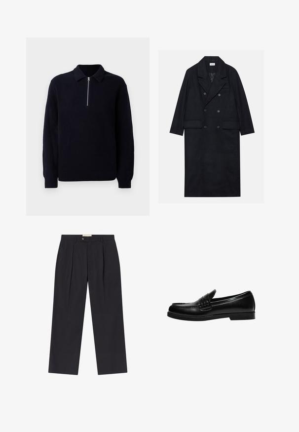 Palton negru cu două rânduri de nasturi, realizat dintr-un material texturat, cu rever lat, două buzunare frontale și butoane închise la culoare. Siluetă lungă și dreaptă.; Pulover din tricot cu nervuri de culoare bleumarin, cu fermoar frontal, guler clasic și mâneci lungi. Textură moale, cu o croială lejeră.; Pantaloni navy închis, personalizați, cu talie înaltă, două plisse frontale, închidere cu nasture și picioare drepte, confecționați dintr-un material neted.; Loafers din piele neagră cu un finisaj neted, având un detaliu de cusătură pe gât și o talpă joasă din cauciuc negru solid.
