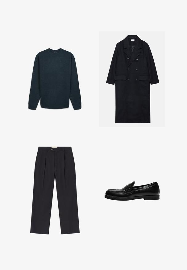 Doppelreihiger schwarzer Mantel aus strukturiertem Stoff, mit breitem Revers, zwei vorderen Taschen und dunklen Knöpfen. Langer, gerader Schnitt.; Dunkelblauer Crewneck-Pullover mit langen Ärmeln, gerippten Bündchen, Kragen und Saum, flach auf einem weißen Hintergrund ausgelegt.; Maßgeschneiderte dunkelblaue Stoffhosen mit hoher Taille, zwei frontalen Falten, Knopfverschluss und geraden Beinen aus glattem Material.; Schwarze Lederloafer mit glatter Oberfläche, ausgestattet mit einer Nahtverzierung an der Vorderkappe und einer niedrigen, durchgehenden Gummisohle in Schwarz.