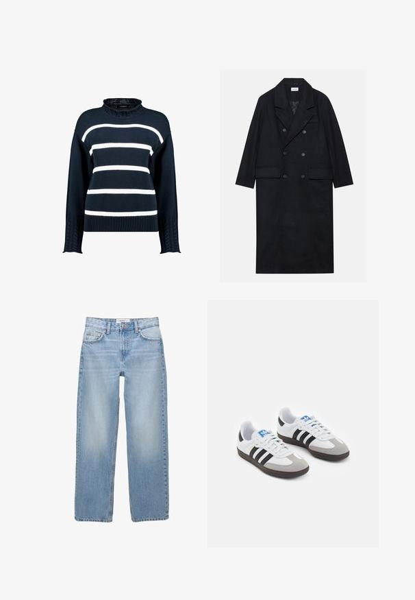 Doppelreihiger schwarzer Mantel aus strukturiertem Stoff, mit breitem Revers, zwei vorderen Taschen und dunklen Knöpfen. Langer, gerader Schnitt.; Marineblauer Pullover mit weißen horizontalen Streifen, der einen hohen Kragen und strukturierte Zopfmuster-Details an den Ärmeln aufweist. Klassische Passform und gerippter Saum.; Helle blaue Jeans aus Denim mit geradem Bein, Fünf-Taschen-Stil und sichtbaren Nähdetails. Der Stoff hat eine weiche, leicht ausgewaschene Textur.; Sportschuhe mit einem Obermaterial aus weißem Leder, grauer Wildleder-Zehenkappe und drei schwarzen Streifen. Sie verfügen über ein blaues Logo auf der Zunge und eine strukturierte Gummisohle.