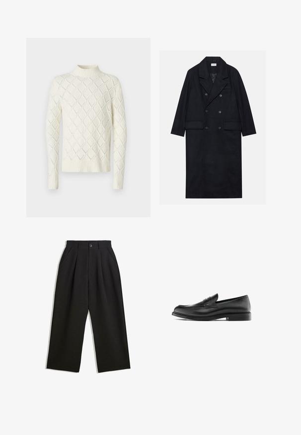 Dvouřadový černý kabát vyrobený z texturované tkaniny, s širokým límcem, dvěma předními kapsami a tmavými knoflíky. Dlouhá, rovná silueta.; Krémový svetr s vysokým výstřihem, zdobený žakárovým vzorem v diamantových přízích a ribovými manžetami a lemem. Měkká textura, dlouhé rukávy.; Černé kalhoty s uvolněným střihem, s průhyby v přední části, bočními kapsami a zapínáním na knoflík. Vyrobené z texturované látky.; Černé kožené penny loafers s nízkým podpatkem, zaoblenou špičkou a prošíváním podél svršku, zobrazené v bočním profilu na bílém pozadí.