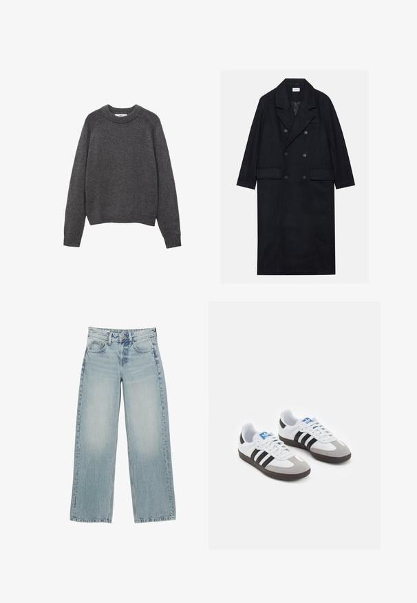 Dubbelgeknoopt zwart jasje gemaakt van gestructureerde stof, met een brede revers, twee opgestikte zakken aan de voorkant en donkere knopen. Lange, rechte uitstraling.; Donkergrijze trui met een ronde hals, ribgebreide boorden en zoom. Gebreide textuur met een ontspannen pasvorm en lange mouwen.; Effen wit T-shirt van katoen met een ronde hals, korte mouwen en een relaxte pasvorm. Glad textuur zonder patronen of accenten.; Lichtblauwe denim wijde jeans met een hoge taille, voorzien van vijf zakken, een knoopsluiting en subtiele vervaging voor een versleten effect.; Sportschoenen met een witte leren bovenkant, grijze suède neus en drie zwarte strepen. Bevat een blauw logo op de tong en een gestructureerde rubberen zool.