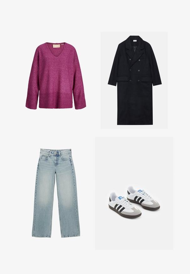 Dwurzędowy czarny płaszcz wykonany z teksturowanej tkaniny, z szerokim kołnierzem, dwiema przednimi kieszeniami i ciemnymi guzikami. Długi, prosty fason.; Miękki, długi rękaw fioletowy sweter z dekoltem w kształcie litery V oraz ściągaczami przy mankietach i u dołu, zaprezentowany na białym tle.; Jasnoniebieskie dżinsy o szerokich nogawkach i wysokim stanie, z pięcioma kieszeniami, zapięciem na guzik oraz delikatnym przetarciem dla uzyskania efektu noszenia.; Buty sportowe z białą skórzaną cholewką, szarym zamszowym noskiem i trzema czarnymi paskami. Posiadają niebieskie logo na języku oraz teksturowaną gumową podeszwę.