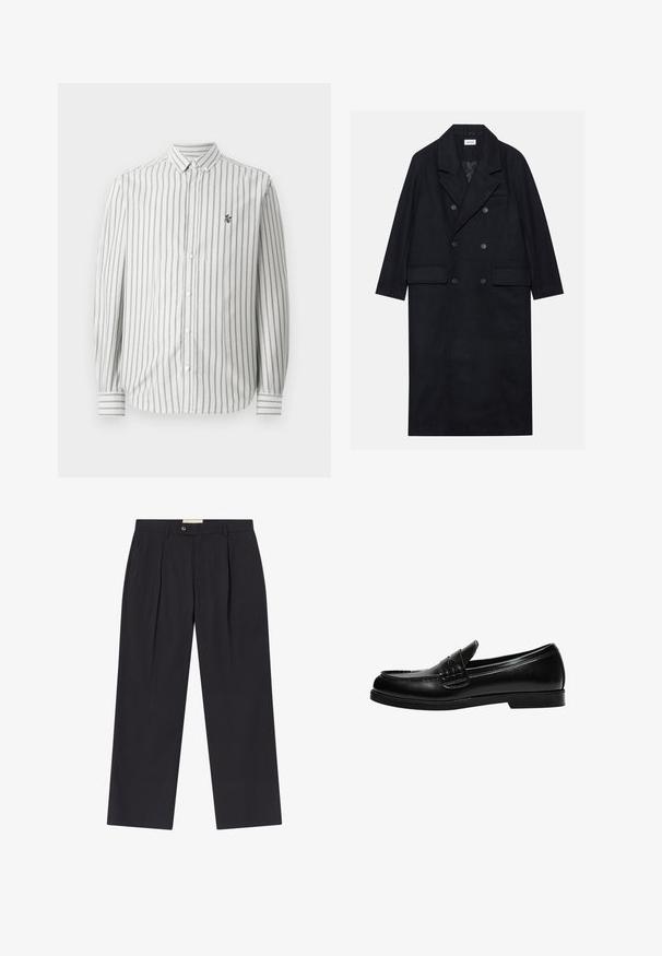 Dugi crni kaput s dvostrukim kopčanjem, izrađen od teksturirane tkanine, s širokim reverima, dva prednja džepa i tamnim dugmadi. Duga, ravna silueta.; Košulja s dugim rukavima od pamučnog materijala s vertikalnim sivim i bijelim prugama. Standardni ovratnik i mali logo na lijevoj strani prsnog dijela.; Prilagođene tamnoplave hlače s visokim strukom, dva prednja nabora, kopčanje na dugme i ravne nogavice od glatkog materijala.; Crna kožna loafer cipela s glatkom površinom, koja ima šavnu obradu na gornjem dijelu i nisku, čvrstu crnu gumenu podlogu.