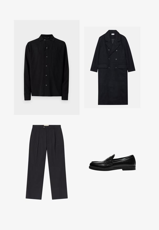 Črni dvoredni plašč iz teksturiranega materiala, ki vključuje široke reverje, žep na sprednji strani ter temne gumbke. Dolga, ravna silhueta.; Črna majica z dolgimi rokavi, ki ima klasičen ovratnik, sprednje gumbe in gladko teksturo, s ravnim robom in gumbnimi manšetami.; Prilagojene temno mornarsko hlače z visokim pasom, dvema sprednjima gubama, gumbom za zapiranje in ravnimi nogami iz gladkega materiala.; Črne usnjene loafer čevlje z gladko površino, ki imajo šivano dekoracijo na vampu in nizko, trdo črno gumijasto podplat.