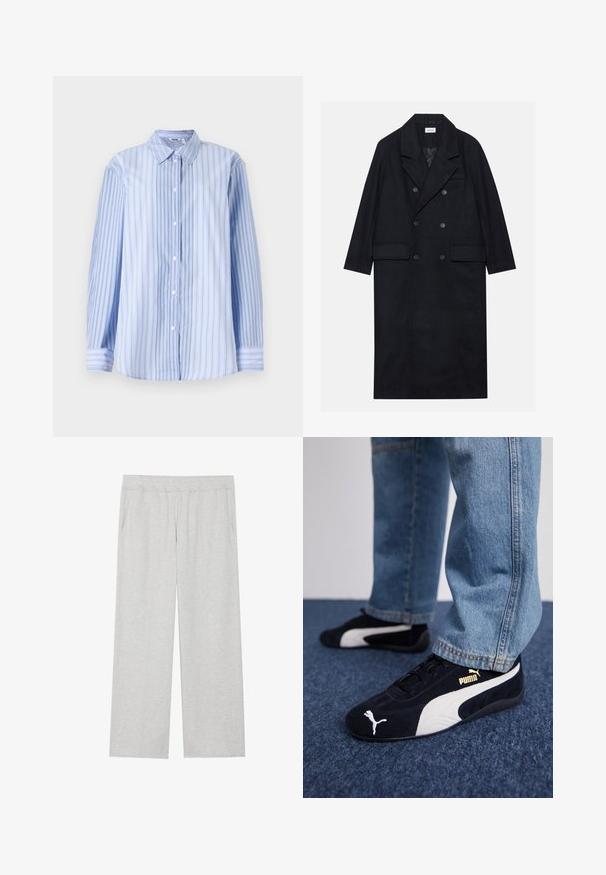 Cappotto doppiopetto nero realizzato in tessuto testurizzato, con ampio revers, due tasche frontali e bottoni scuri. Silhouette lunga e dritta.; Camicia a maniche lunghe blu e bianca a righe, realizzata in tessuto leggero, con colletto classico e chiusura a bottoni sul davanti.; Pantaloni tuta grigi chiari a gamba larga realizzati in morbido tessuto. Presentano una vita elastica e tasche laterali. Tessuto liscio con un design pulito.; Sneaker in suede nera con dettagli bianchi, dotate di un logo dorato. Indossate con jeans di denim azzurro e posizionate su una superficie blu testurizzata.