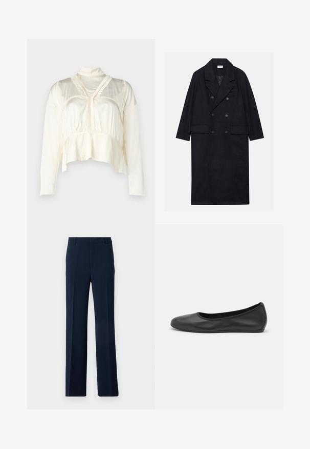Cappotto doppiopetto nero realizzato in tessuto testurizzato, con ampio revers, due tasche frontali e bottoni scuri. Silhouette lunga e dritta.; Blusa crema tagliata con maniche lunghe, colletto alto, dettagli plissettati lungo il petto e un tessuto liscio e testurizzato.; Pantaloni blu navy realizzati in tessuto morbido, con un design a gamba dritta, pieghe frontali e tasche laterali per un look sartoriale.; Pantofole da balletto nere in pelle con punta arrotondata, texture liscia, dettagli di cucitura minimi e design con suola flessibile.