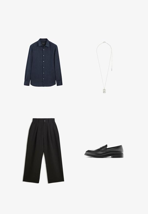 Dobbeltbrystet sort frakke lavet af struktureret stof, med bred krave, to forlommer og mørke knapper. Lang, lige silhuet.; Massimo Dutti SLIM FIT GARMENT - Skjorter - dark blue; Sorte bukser med en afslappet pasform, der har plisseringer foran, sidelommer og knaplukning. Fremstillet af tekstureret stof.; Sorte læder penny loafers med lav hæl, afrundet tå og syninger langs overdelen, vist i sideprofil på en hvid baggrund.; Sølvsmykke med en rektangulær vedhæng med indviklet design, en fin kæde og en justerbar lås til længdejustering.