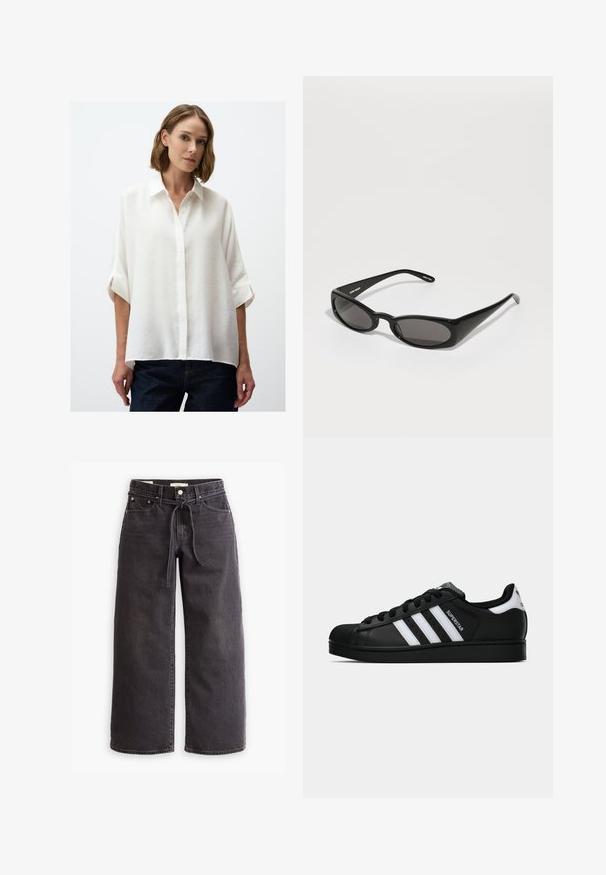 Doppelreihiger schwarzer Mantel aus strukturiertem Stoff, mit breitem Revers, zwei vorderen Taschen und dunklen Knöpfen. Langer, gerader Schnitt.; Weißes Hemd mit lockerer Passform, kurzen hochgerollten Ärmeln und strukturierter Stoffqualität. Kombiniert mit dunkelblauen Jeans.; Schwarze, weit geschnittene Jeans aus Denim mit einem Zugbandbund, fünf Taschen und kontrastierenden Nahtdetails. Flacher Frontschnitt.; Schwarzer Adidas Superstar Sneaker mit weißen Streifen, Schalenzehen und "Superstar"-Schriftzug an der Seite, im Seitenprofil auf weißem Hintergrund dargestellt.; Henrik Vibskov MEGAN SUNGLASSES UNISEX - Sonnenbrille - black; Schwarze Lederhandtasche mit strukturiertem Design, einem Oberhandgriff und einem goldfarbenen Verschluss. Verfügt über eine strukturierte Oberfläche mit geprägt Logo.