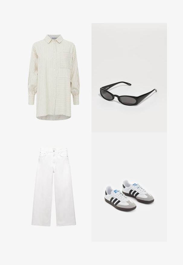 Dobbeltbrystet sort frakke lavet af struktureret stof, med bred krave, to forlommer og mørke knapper. Lang, lige silhuet.; Stripet skjorte i beige og creme, med en brystlomme, lange ærmer og en afslappet pasform med en rund kant.; Hvide bredde bukser lavet af bomuld, med høj talje, fem-lomme design og messingdetaljer. Glat, ikke-slidt tekstur.; Sportsko med en overdel i hvid læder, grå ruskind på tåen og tre sorte striber. Har et blåt logo på tungen og en struktureret gummisål.; Henrik Vibskov MEGAN SUNGLASSES UNISEX - Solbriller - black; Sort læderhåndtaske med et struktureret design, en overhåndtag og en guld-tonet lås. Har en tekstureret overflade med præget logo.