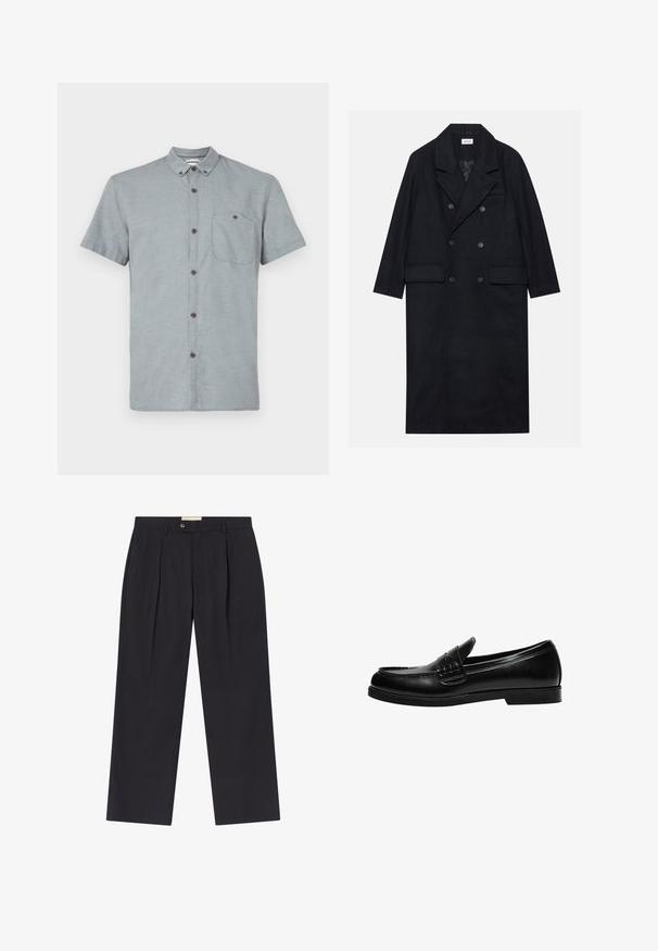 Kétgombos fekete kabát texturált anyagból, széles hajtókával, két elülső zsebbels és sötét gombokkal. Hosszú, egyenes sziluett.; Rövid ujjú, galléros ing világosszürke anyagból, texturált mintával. Mellzsebe van és sötét gombokkal rendelkezik.; Személyre szabott, sötét tengerészkék nadrág, magas derékkal, két elülső pliszével, gombos záródással és egyenes lábakkal, sima anyagból.; Fekete bőr loafer sima felülettel, a vamp-on varrási részlettel és alacsony, szilárd fekete gumitalppal.