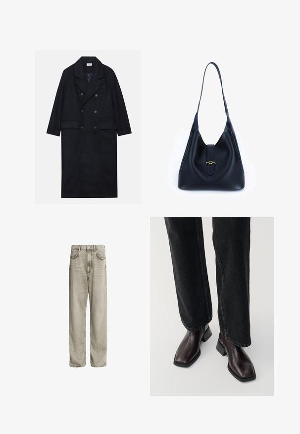 Abrigo negro de doble botonadura hecho de tejido texturizado, con solapa ancha, dos bolsillos frontales y botones oscuros. Silueta larga y recta.; Top de cuello alto de manga larga en color azul marino. Fabricado con una tela suave y de textura lisa. Presenta un diseño ajustado y un cuello alto sin costuras visibles.; Vaqueros de mezclilla gris claro con un ajuste holgado, que cuentan con cinco bolsillos, cierre de botón y un ligero desvanecimiento para darle textura.; Botas de cuero marrón hasta el tobillo con punta cuadrada y tacón bloque, combinadas con vaqueros negros de pierna ancha. Textura suave y diseño minimalista.; Bolso de mano de cuero negro con un diseño suave y flexible. Presenta una correa plana y un cierre central adornado con un acento dorado.