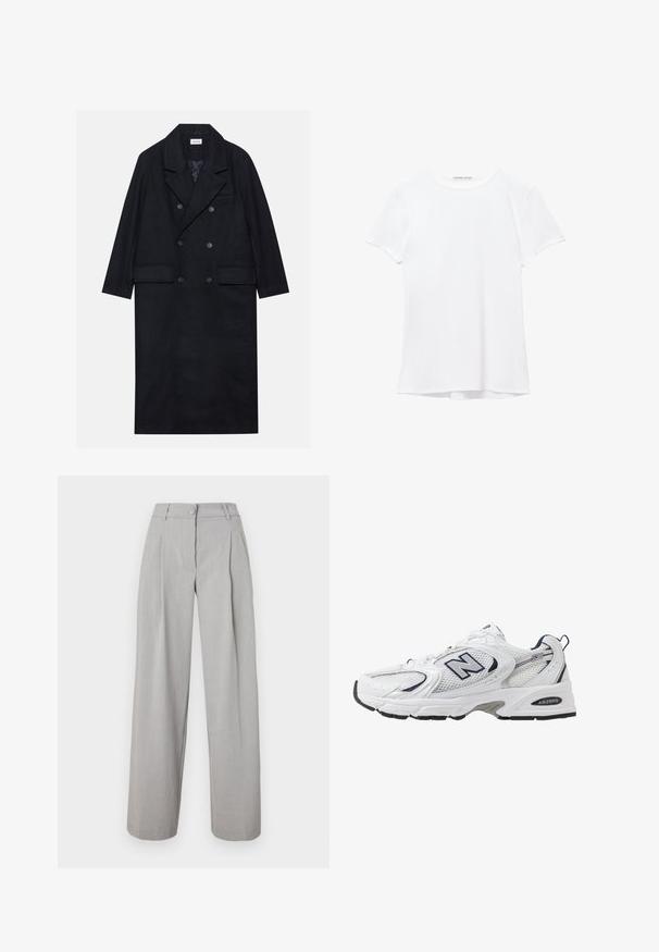 Kétgombos fekete kabát texturált anyagból, széles hajtókával, két elülső zsebbels és sötét gombokkal. Hosszú, egyenes sziluett.; Fehér, rövid ujjú póló sima anyagból, kerek nyakkivágással és diszkrét varrási részletekkel az alján.; Világosszürke, bő szárú nadrág pliszékkel, gombos derékpánttal és sima szövettextúrával. Egyenes szabású lábak, amelyek enyhén beszűkülnek az alján.; Fehér sportcipő hálós felsőrészével, sötétkék kiegészítőkkel és párnázott talppal. Jellemzője az "N" logó, a fűzők és a textúrázott részlet az oldalon.