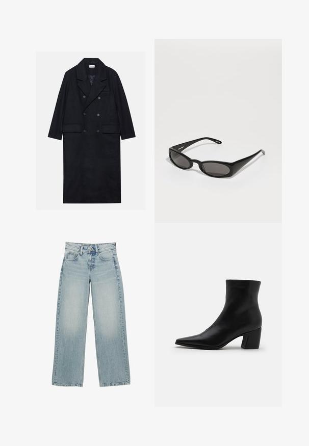 Manteau noir croisé en tissu texturé, avec un large revers, deux poches avant et des boutons foncés. Silhouette longue et droite.; T-shirt blanc uni en coton avec un col rond, des manches courtes et une coupe décontractée. Texture lisse sans motifs ni accents.; Jeans en denim bleu clair à jambes larges avec une taille haute, dotés de cinq poches, d'une fermeture à boutons et d'un léger délavage pour un effet usé.; RAID DELPHIE - Bottines - black; Henrik Vibskov MEGAN SUNGLASSES UNISEX - Lunettes de soleil - black; Sac à main en cuir noir au design structuré, avec une anse supérieure et un fermoir en ton doré. Présente une surface texturée avec un logo en relief.