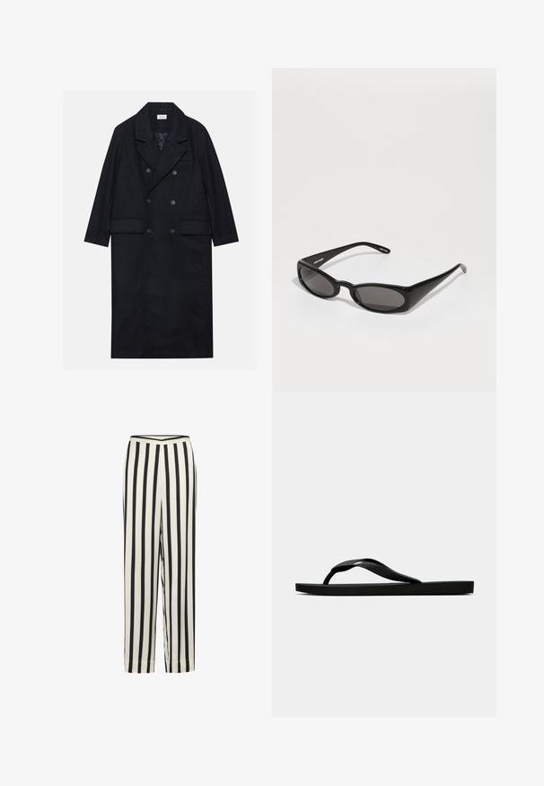 Dubbelgeknoopt zwart jasje gemaakt van gestructureerde stof, met een brede revers, twee opgestikte zakken aan de voorkant en donkere knopen. Lange, rechte uitstraling.; Effen wit T-shirt van katoen met een ronde hals, korte mouwen en een relaxte pasvorm. Glad textuur zonder patronen of accenten.; Zwart-wit gestreepte broek met een recht model en een elastische tailleband. Gemaakt van lichte stof met een gladde textuur.; Zwarte rubberen flip-flop sandaal met een getextureerde strap en een eenvoudige platte zool, zijaanzicht op een effen lichte achtergrond.; Henrik Vibskov MEGAN SUNGLASSES UNISEX - Zonnebril - black