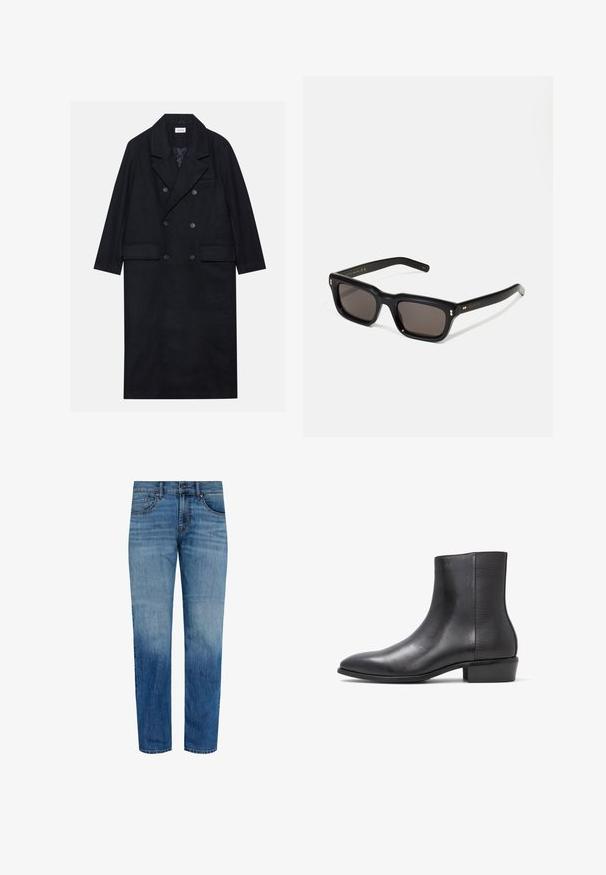Dobbeltbrystet sort frakke lavet af struktureret stof, med bred krave, to forlommer og mørke knapper. Lang, lige silhuet.; Langærmet hvid t-shirt lavet af blød bomuld. Rund halsudskæring med lige skårne kanter og ingen synlige mønstre eller grafikker.; Lyseblå denimjeans med ret ben-design, der har falmede detaljer, fem lommer og en klassisk talje med knaplukning.; ALDO PILLOWWALK+FLEX INSIDE ZIP AMUR - Støvletter - open black; Sorte rektangulære solbriller med mørke glas, tyk plastisk ramme, guldtryk på stængerne og brandlogo indgraveret på armen.