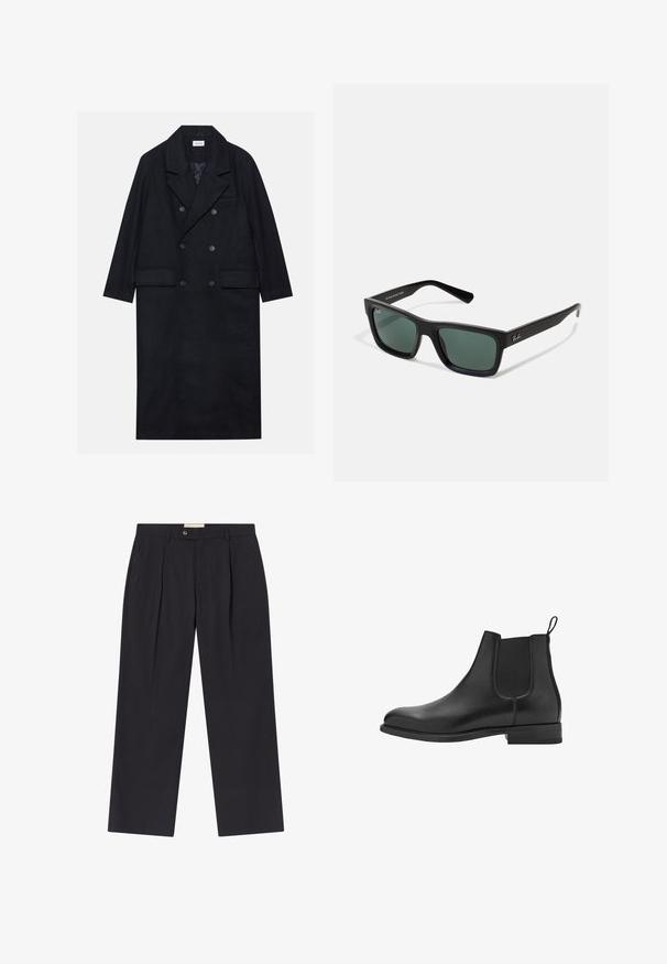 Dvouřadový černý kabát vyrobený z texturované tkaniny, s širokým límcem, dvěma předními kapsami a tmavými knoflíky. Dlouhá, rovná silueta.; Černá dlouhá halenka s rukávy typu henley vyrobená z měkké tkaniny, s knoflíkovou légou, kulatým výstřihem a obtáhlými rukávy.; Upravené tmavě námořnické kalhoty s vysokým pasem, dvěma předními záhyby, zapínáním na knoflík a rovnými nohavicemi z hladkého materiálu.; Černé kožené chelsea boty s elastickými bočními panely, kulatou špičkou a nízkým blokovým podpatkem. Hladká textura a čistý, minimalistický design.; Černé obdélníkové sluneční brýle se zelenými skly, s matným povrchem, rovnými nožkami a logem Ray-Ban na boční straně.