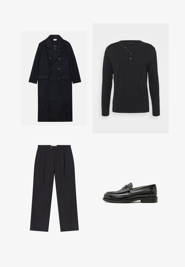 Kaksikavatu must mantel, mis on valmistatud tekstureeritud kangast. Mantlil on lai krae, kaks esist kotti ja tume nuppe. Pikk, sirge siluett.; Must have musta pikkade varrukatega henley särk, mis on valmistatud pehmest kangast. Särgil on nööbiga rinnatasku, ümmargune kaelus ja keha ligi sihvakas varrukad.; Kohandatud tumehelesinised püksid kõrge vöökohaga, kahe esiliga, nööbi kinnitusega ja sirgete jalgadega siledast kangast.; Must musta kingad mustast nahast, millel on tekstureeritud musta naha aksent, ümar varvas ja madal plokkkonts; sisaldab dekoratiivset metalldetaili.