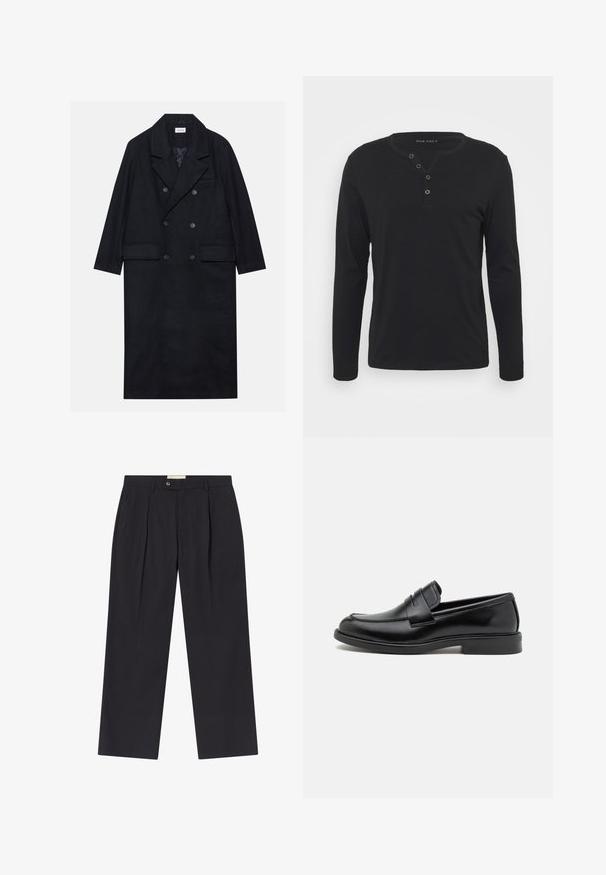 Kaksirivinen musta takki, joka on valmistettu tekstuurikankaasta. Takissa on leveä kaulus, kaksi etutaskua ja tummat napit. Pitkä, suora siluetti.; Musta pitkähihaisen henley-paita, joka on valmistettu pehmeästä kankaasta. Paita sisältää napitettavan aukon, pyöreän pääntien ja istuvat hihat.; Tummansinisiä räätälöityjä housuja, joissa on korkea vyötärö, kaksi etupleittiä, nappikiinnitys ja suorat lahkeet sileästä kankaasta.; Musta nahkakengät, joissa on pyöreä kärki, ommeltu yksityiskohta kengän päällä ja litteä kumipohja pitoa varten. Silkkinen pinta koko kengässä.