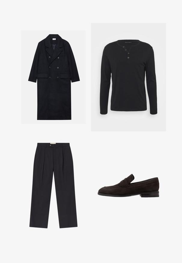 Abrigo negro de doble botonadura hecho de tejido texturizado, con solapa ancha, dos bolsillos frontales y botones oscuros. Silueta larga y recta.; Camisa henley negra de manga larga, hecha de un tejido suave, con una placket de botones, cuello redondo y mangas ajustadas.; Pantalones oscuros de navy ajustados con cintura alta, dos pliegues frontales, cierre de botón y piernas rectas en una tela suave.; Mocasines de ante marrón oscuro con suela plana, un acento cosido a lo largo del borde y una pequeña banda elevada en la parte delantera.