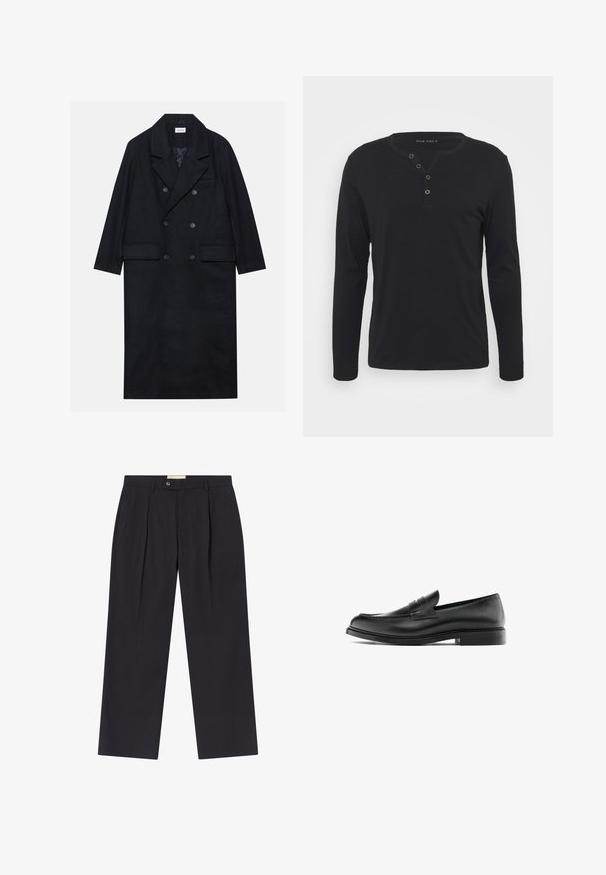 Double-breasted black coat made from textured fabric, featuring a wide lapel, two front pockets, and dark buttons. Long, straight silhouette.; Black long-sleeve henley shirt made of soft fabric, featuring a buttoned placket, round neckline, and fitted sleeves.; Tailored dark navy trousers with a high waist, two front pleats, button closure, and straight legs in smooth fabric.; Black leather penny loafer with low heel, rounded toe, and stitched detail along the upper, shown in side profile on a white background.