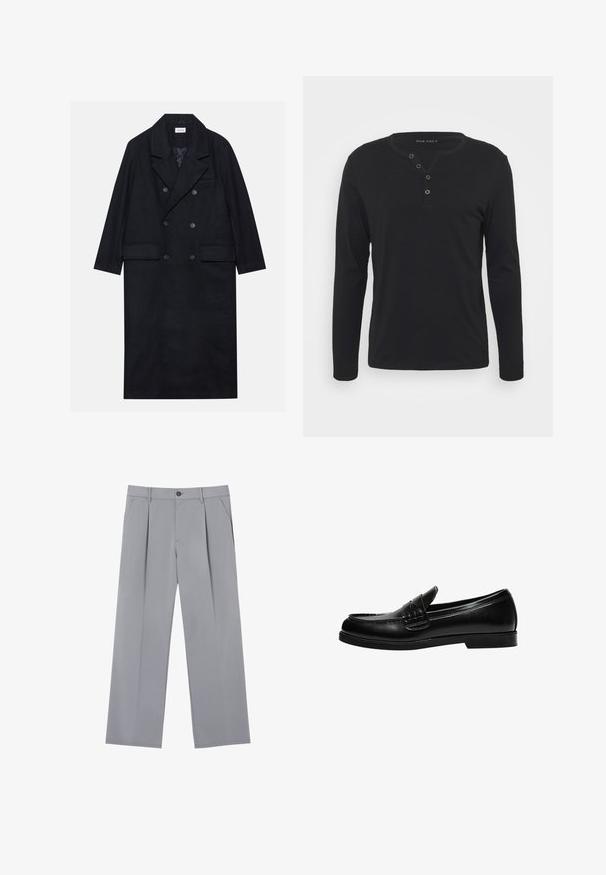 Dvouřadový černý kabát vyrobený z texturované tkaniny, s širokým límcem, dvěma předními kapsami a tmavými knoflíky. Dlouhá, rovná silueta.; Černá dlouhá halenka s rukávy typu henley vyrobená z měkké tkaniny, s knoflíkovou légou, kulatým výstřihem a obtáhlými rukávy.; Šedé skládací kalhoty s volným střihem, vyrobené z lehkého materiálu. Obsahují přední kapsy a knoflíkovou uzávěrku v pase.; Černé kožené mokasíny s hladkým povrchem, které mají prošívání na nártu a nízkou, jednolitou černou gumovou podrážku.