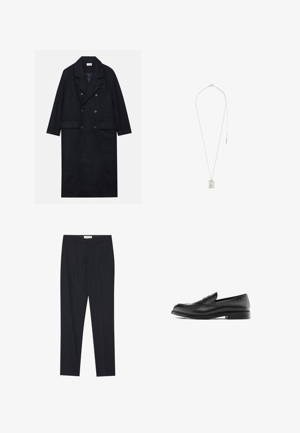Cappotto doppiopetto nero realizzato in tessuto testurizzato, con ampio revers, due tasche frontali e bottoni scuri. Silhouette lunga e dritta.; Maglietta nera a maniche lunghe tipo henley, realizzata in tessuto morbido, con patta bottonata, scollatura rotonda e maniche aderenti.; Pantaloni neri su misura con frontale piatto, vestibilità regolare, realizzati in tessuto morbido, con pieghe stirate e tasche laterali.; Mocassino penny in pelle nera con tacco basso, punta arrotondata e dettagli cuciti lungo la tomaia, mostrato in profilo laterale su uno sfondo bianco.; Collana d'argento con un pendente rettangolare dal design intricato, una catena fine e un fermo regolabile per la regolazione della lunghezza.