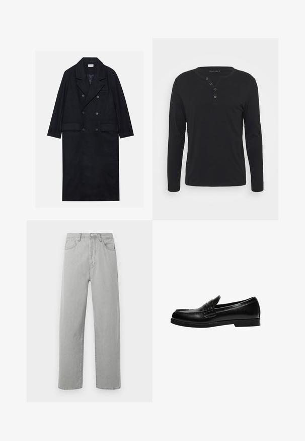 Dugi crni kaput s dvostrukim kopčanjem, izrađen od teksturirane tkanine, s širokim reverima, dva prednja džepa i tamnim dugmadi. Duga, ravna silueta.; Crna duža majica s dugim rukavima, izrađena od mekog materijala, s dugmadi na plavoj, okruglim izrezom i prilagođenim rukavima.; Svijetlosivi traperice ravnog kroja s pet džepova, patentni zatvarač i kopčanje na gumb, prikazane na bijeloj pozadini.; Crna kožna loafer cipela s glatkom površinom, koja ima šavnu obradu na gornjem dijelu i nisku, čvrstu crnu gumenu podlogu.