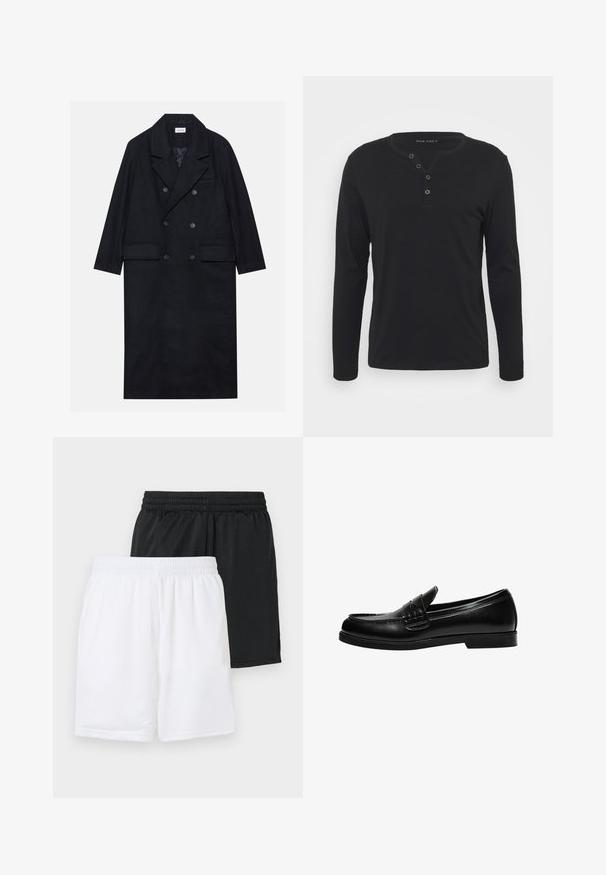Manteau noir croisé en tissu texturé, avec un large revers, deux poches avant et des boutons foncés. Silhouette longue et droite.; T-shirt henley noir à manches longues en tissu doux, avec une patte de boutonnage, un col rond et des manches ajustées.; Deux paires de shorts de sport : un noir, un blanc. Les deux présentent une taille élastique et une texture en maille respirante.; Mocassin en cuir noir avec une finition lisse, featuring un détail de couture sur le devant et une semelle en caoutchouc noir solide et basse.