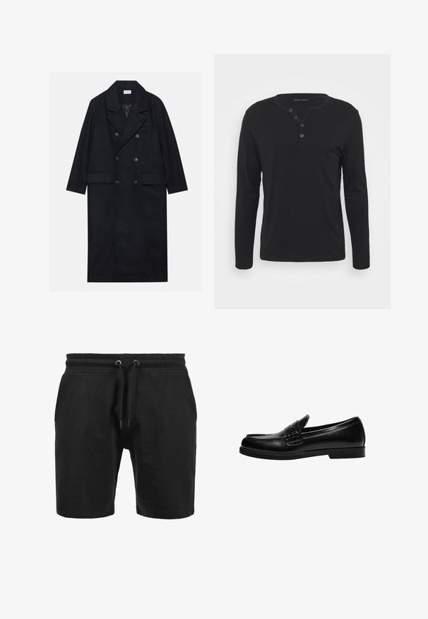 Dvojradový čierny kabát vyrobený z textúrovanej látky, s širokým klopom, dvoma prednými vreckami a tmavými gombíkmi. Dlhý, rovný silueta.; Čierna dlhá rukávová henley košeľa vyrobená z mäkkého materiálu, so zapínaním na gombíky, okrúhlym výstrihom a prispôsobenými rukávmi.; Čierne šortky vyrobené z textúrovanej tkaniny. Obsahujú elastický pás s šnúrkou a postranné vrecká. Jednoduchý, rovný strih.; Čierne kožené loafers s hladkým povrchom, so šitím na priehlavku a nízkou, pevnú čiernu gumovú podrážku.